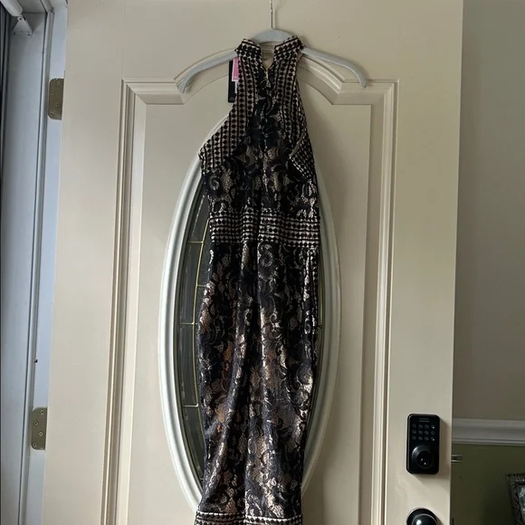 PrettyLittleThing Black and Gold Lace Dress - Picture 2 of 6